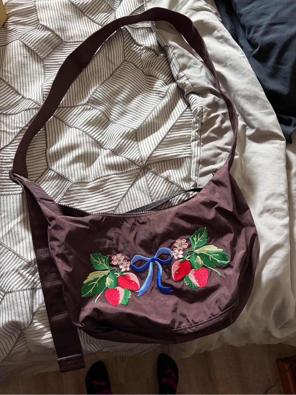Urban Exclusive Embroidered Brown Strawberry Crossbody Baggu Medium Crescent